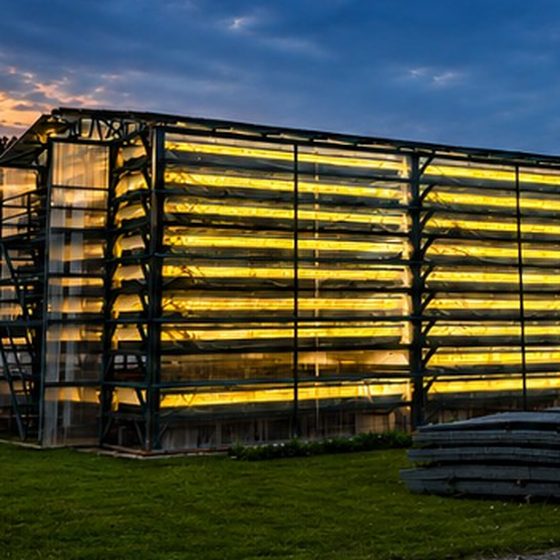 Mother Vegetable indoor farming facility at dusk