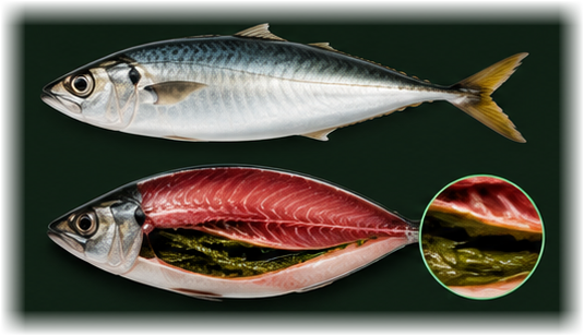 Kibou Premium Mackerel — whole fish and algae-fed cross-section