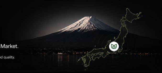 Mt Fuji at night with glowing Japan map